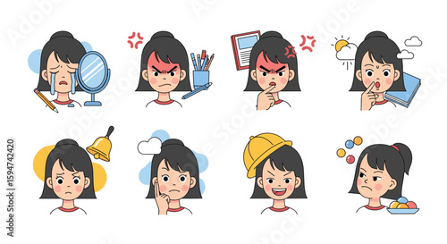 Collection of cartoon girl emoticons expressing diverse emotional states and daily life activities