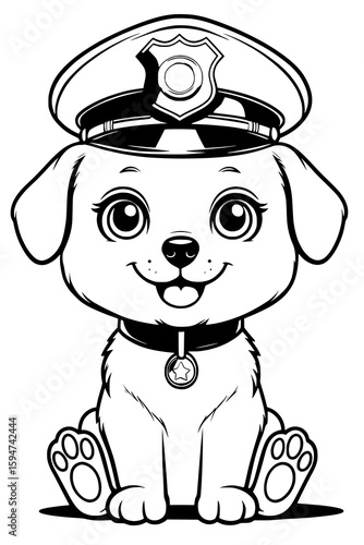 Süßer Polizeihund mit Dienstmarke und Polizeihut – Ausmalbild für Kinder