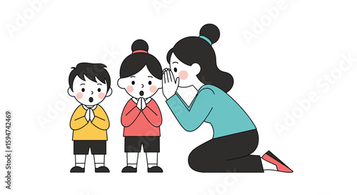 A woman whispers secrets to two astonished children who look like they have heard something very surprising