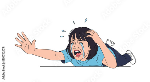 Child falling down and crying in distress reaching out for help
