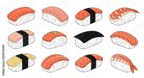 An assortment of delicious nigiri sushi pieces featuring various toppings on rice