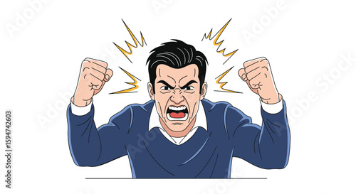 Furious man shouting with anger clenched fists raised in frustration and rage emotion overload illustration