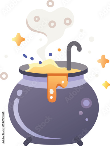 Spooky Halloween Witch Cauldron Brewing Magic Potion With Ladle Illustration