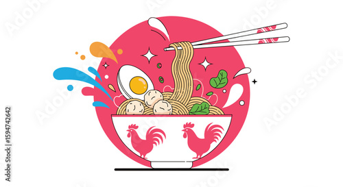 Illustrative artwork featuring a hearty bowl of noodles garnished with egg and meatballs amidst flavorful splashes