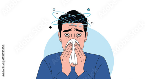 Illustration depicting a man experiencing severe allergies and cold symptoms blowing his nose profusely