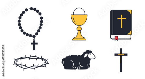 Religious symbols christian faith icons bible rosary chalice crown of thorns lamb cross