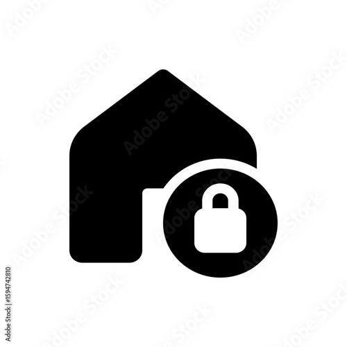 Black silhouette of a house with a padlock inside a circle indicating home security and safety system