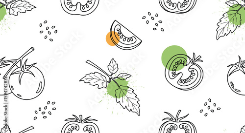 Fresh organic tomato and basil line art pattern design for food related projects
