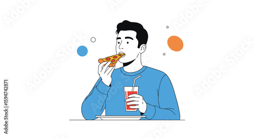 Man enjoying delicious pizza slice and refreshing drink sitting at table with colorful bubbles floating around