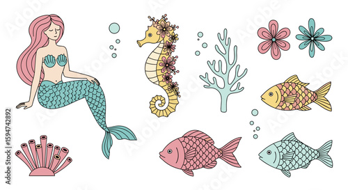 Enchanting underwater world with mermaids seahorses fish and coral reefs