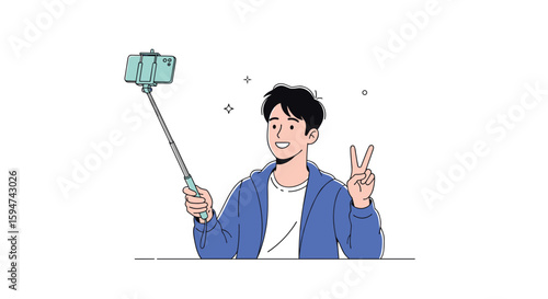 Young man holding a selfie stick and making a peace sign while taking a photo
