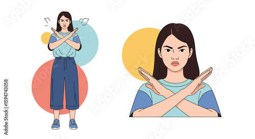 Frustrated young woman making a stop gesture with crossed arms expressing disagreement and refusal