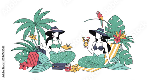 Tropical paradise two mermaids relaxing enjoying drinks and fruit on a sunny day with palm trees
