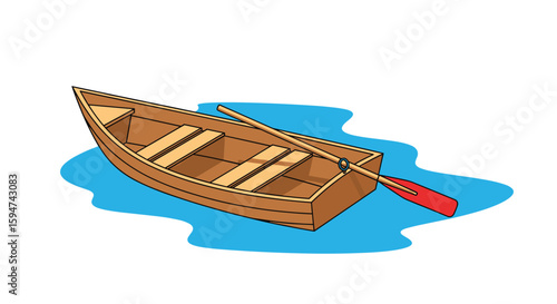 A wooden rowboat with red oars floating on blue water ready for a journey