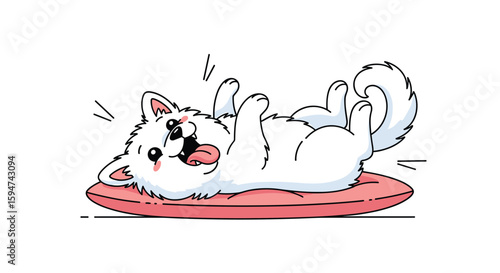 Adorable fluffy white puppy playing happily on a pink pillow with tongue out
