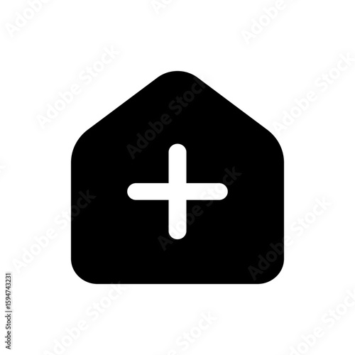 A simple black house shaped icon with rounded corners and a white plus sign in the center of the house shape