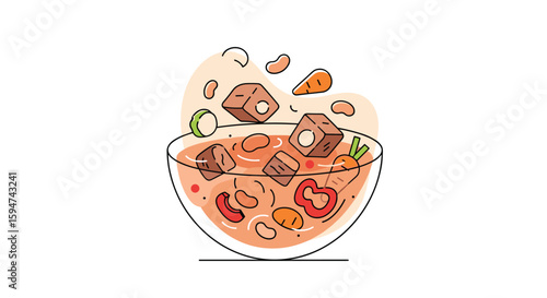 Delicious hearty stew with chunks of meat and fresh vegetables prepared in a glass bowl for a healthy meal