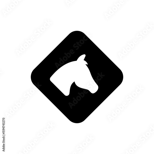 White horse head silhouette inside a black rounded diamond shape equestrian animal symbol illustration design