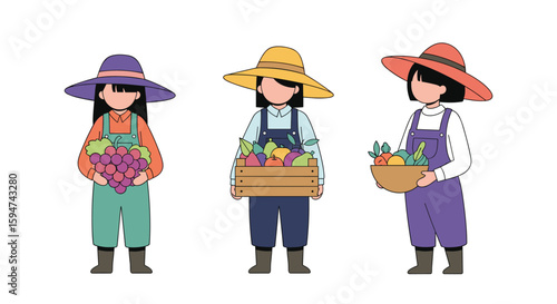 Three diverse farmers gathered together holding freshly harvested fruits and vegetables