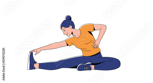 Young woman stretching her leg while sitting on the floor in a fitness studio for physical exercise