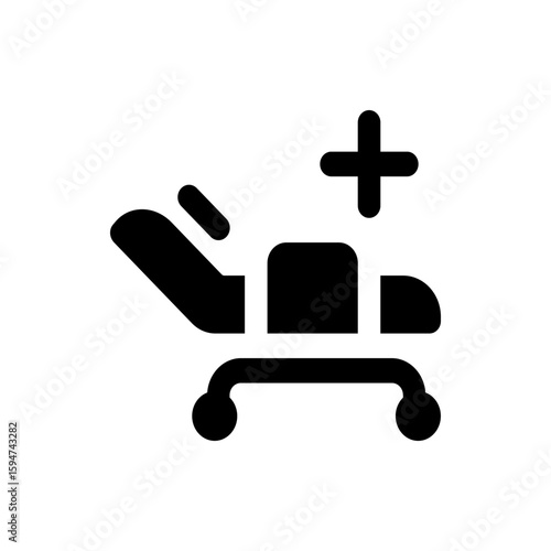 Illustration of a medical gurney with a plus sign above it, rendered in a simple black and white style