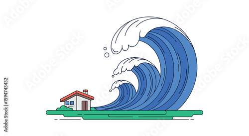 Massive ocean waves approaching a small house illustration capturing nature's immense power and potential destruction