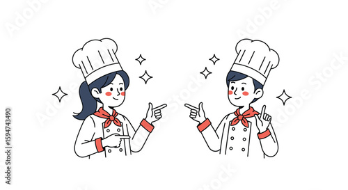 Two cheerful chefs in uniforms pointing towards each other with sparkles illustrating their culinary skills and joy