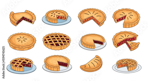 A whimsical collection of twelve delicious fruit and cream pies ready for enjoyment