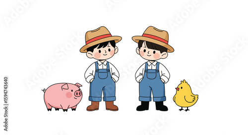 Two adorable cartoon farmers standing beside a pink piglet and a cute yellow chick on a white background