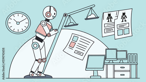 Robot holding scales in an office setting with computers and documents on a light blue background scene