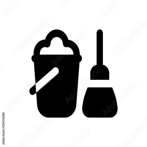Illustration of a cleaning bucket filled with soap suds and a plunger, both in solid black silhouette style