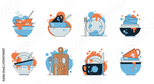 Collection of dirty dishes stacked high ready for washing in a kitchen sink