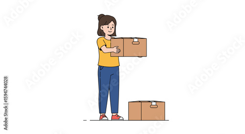 Woman holding two cardboard boxes while standing next to two more boxes prepared for moving or shipping