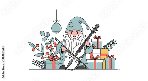 Charming gnome serenades with banjo amidst festive holiday gifts and winter botanicals
