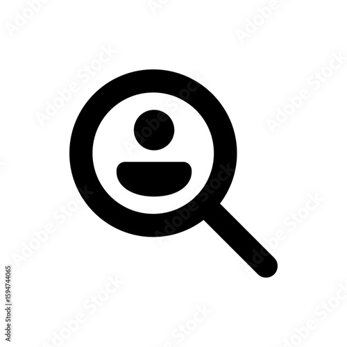 A black and white icon showing a magnifying glass with a person inside, representing user search tool icon