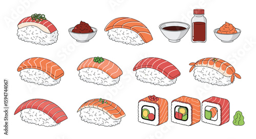 Delicious assortment of fresh japanese nigiri maki and sashimi dishes representing culinary artistry