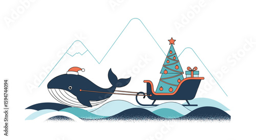 Festive ocean whale pulls a christmas sleigh with decorated tree and presents across choppy blue waves with snowy mountains in the background