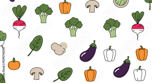 A whimsical pattern featuring fresh hand drawn vegetables and healthy food elements