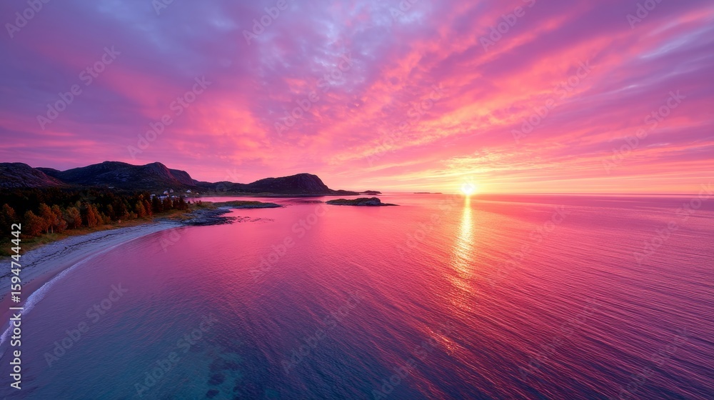 Obraz premium A beautiful sunset over a body of water with a beach in the foreground