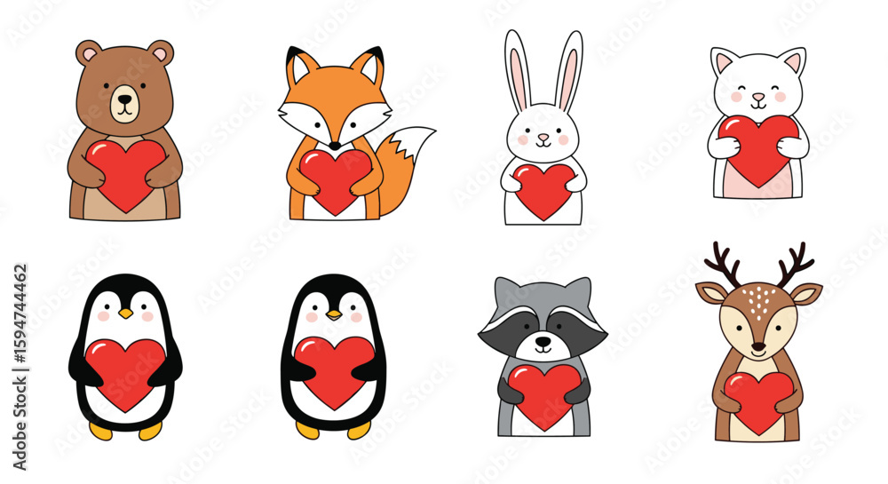Fototapeta premium Adorable woodland creatures holding big red hearts for valentine's day celebration love and friendship