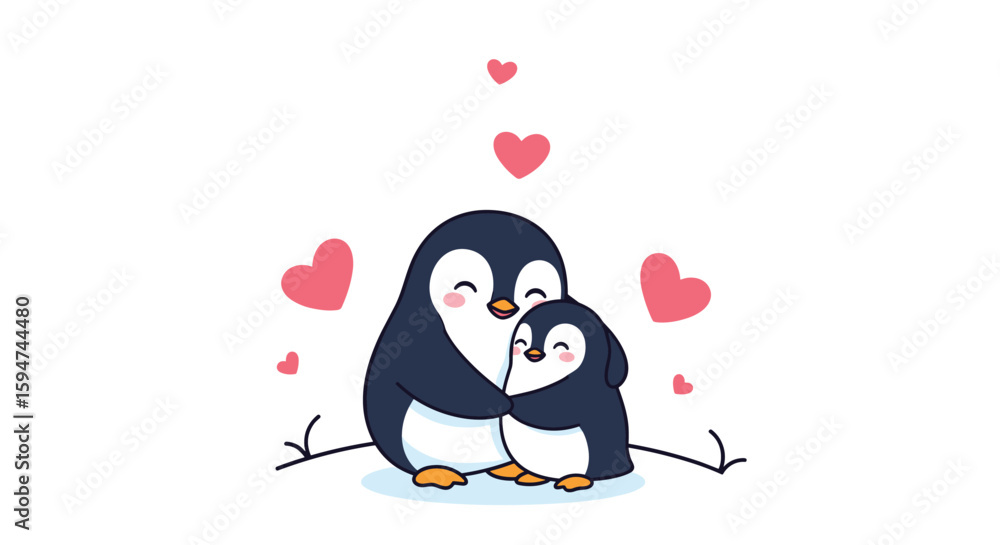 Fototapeta premium Adorable penguin family love hugging in winter surroundings with floating hearts illustrating pure affection