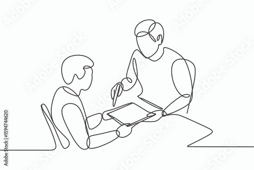 One line drawing of a teacher helping a student with a tablet