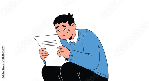 A young man squints and frowns while reading a difficult document under a bright light