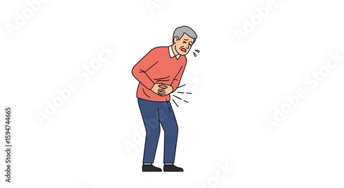 Elderly man experiencing sharp abdominal pain clutching his stomach in distress feeling unwell