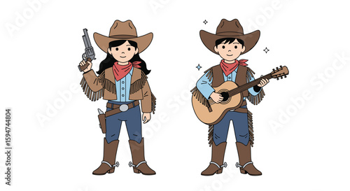Two young cowboys one holding a revolver ready to draw and the other playing a guitar