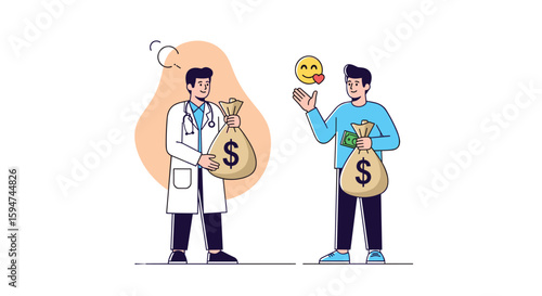 A doctor holds a bag of money while a patient offers a bag of cash with a happy emoji above their head