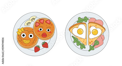 Delightful breakfast plates featuring fun pancakes and egg sandwiches for a joyful morning meal experience