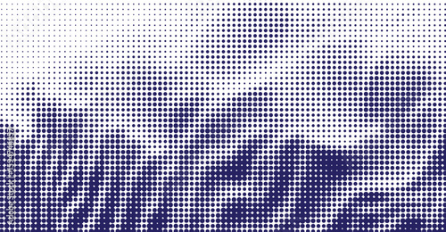 Halftone pattern with navy blue dots on a crisp white backdrop creates a gradient effect, transitioning from sparse to dense concentration in a geometric fashion, rendering a dynamic visual depth