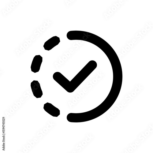 Black checkmark inside a partial circle with dotted lines indicating progress or completion process 100