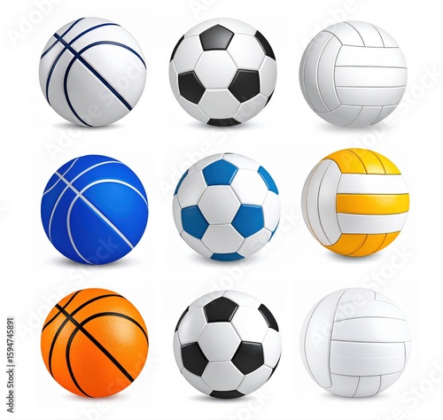 Sport ball mockup. 3d basketball, volleyball, soccer, school football icon set. Realistic isolated game equipment emoji. Cartoon emoticon different play stuff. Team round ball sticker element.